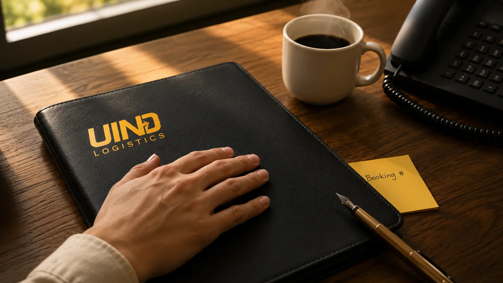 A hand resting on a UIND-branded leather document portfolio, with a coffee mug, sticky note, and corded desk-phone on a warm wooden desk.