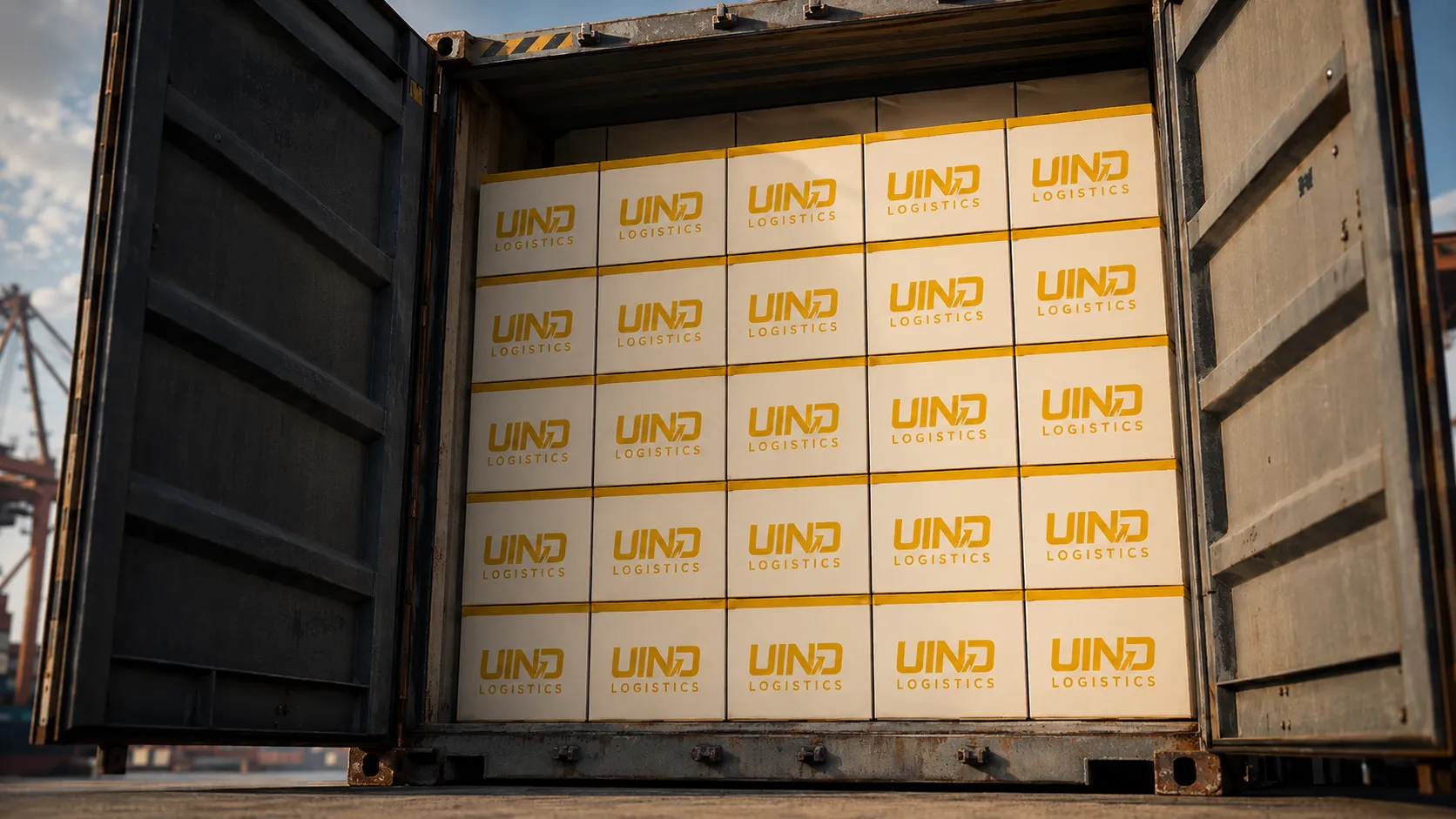Open shipping container with UIND-branded cartons and port cranes.